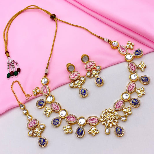 Sujwel Gold Plated Kundan Stones Design Choker Necklace Set (08-0460)