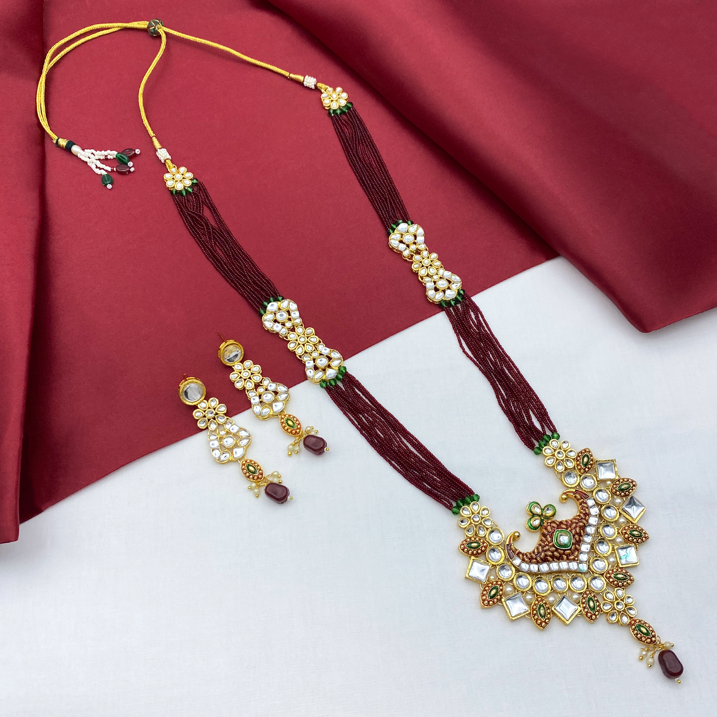 Sujwel Gold Kundan Meenakari Long  Necklace And Earrings(08-0506)