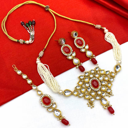 Sujwel Gold Kundan Necklace And Earrings With Maangtikka (08-0510)