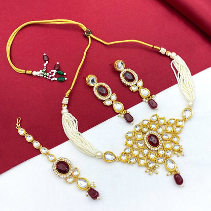 Sujwel Gold Kundan Necklace And Earrings With Maangtikka (08-0510)