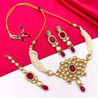 Sujwel Gold Kundan Necklace And Earrings With Maangtikka (08-0510)