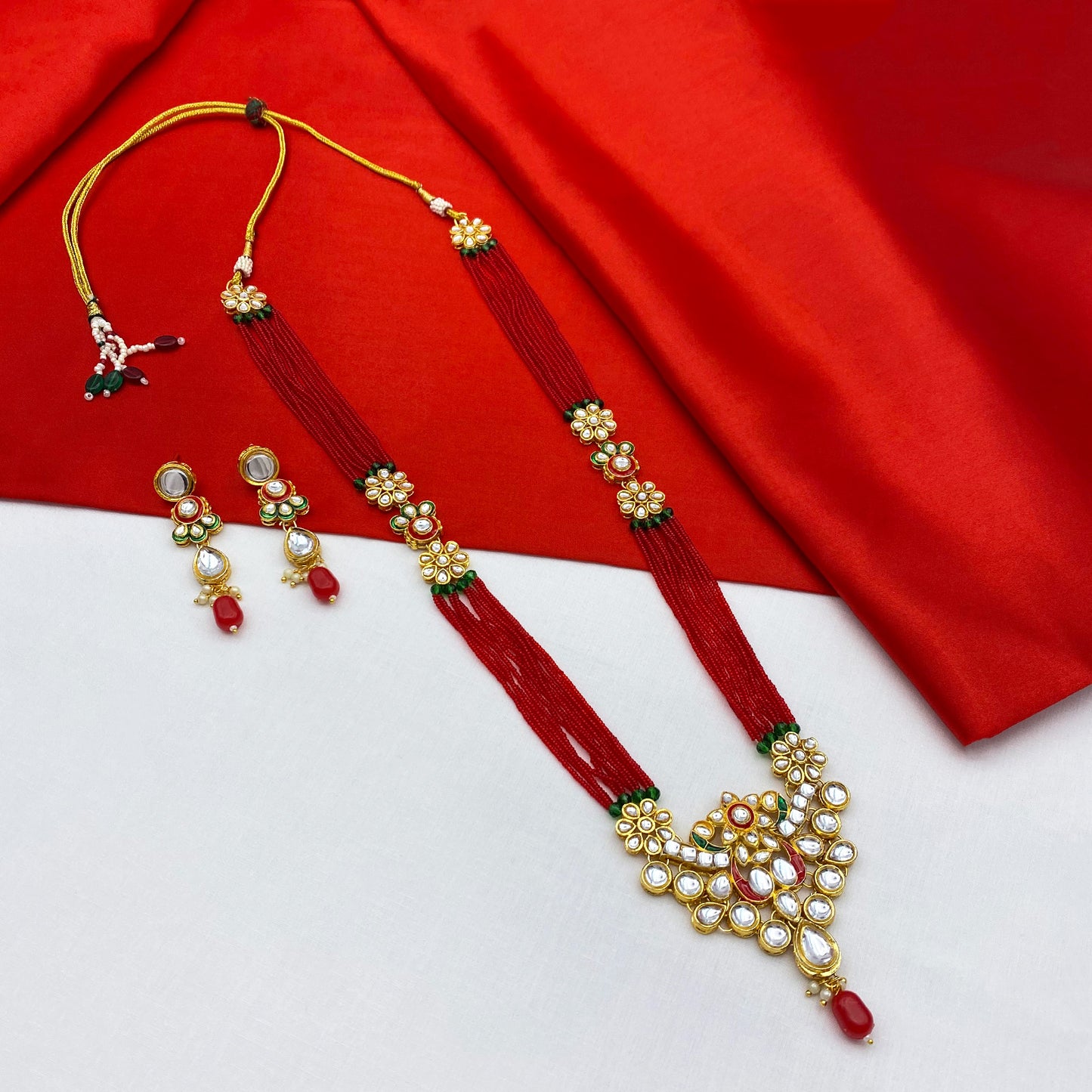 Sujwel Gold Kundan Meenakari Long Necklace And Earrings(08-0522)