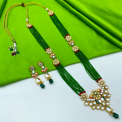 Sujwel Gold Kundan Meenakari Long Necklace And Earrings(08-0522)