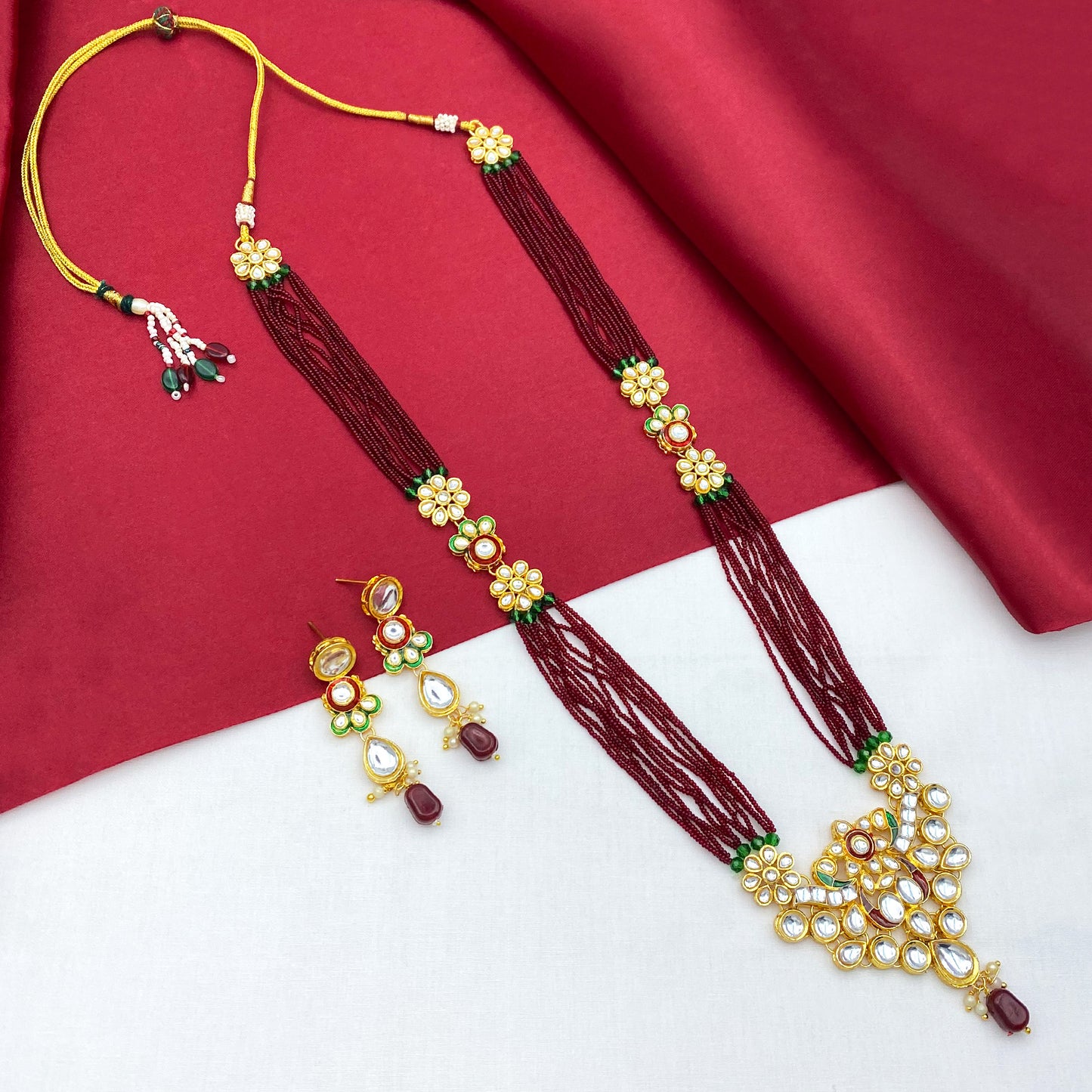 Sujwel Gold Kundan Meenakari Long Necklace And Earrings(08-0522)