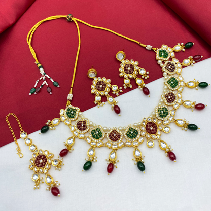 Sujwel Gold-Plated Kundan Necklace Set with Earrings, and Tikka for Girls and Women (08-0528)