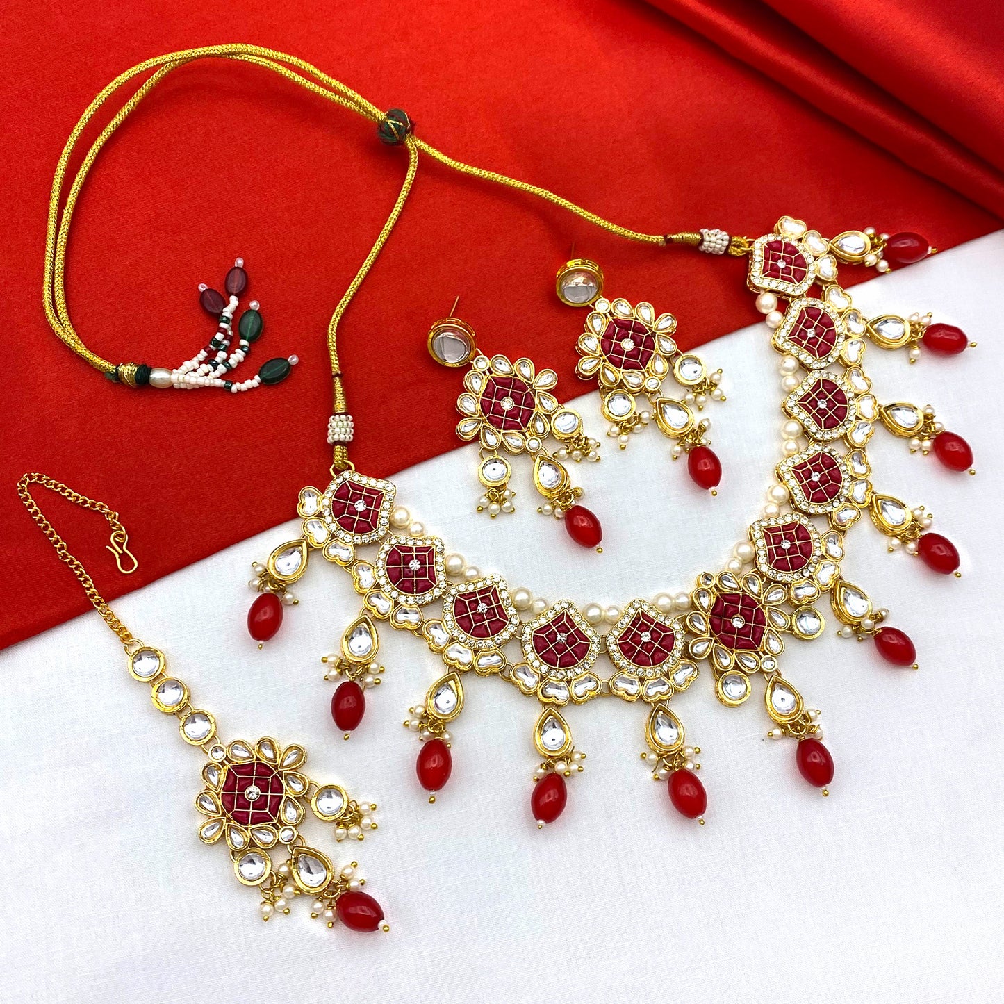 Sujwel Gold-Plated Kundan Necklace Set with Earrings, and Tikka for Girls and Women (08-0528)