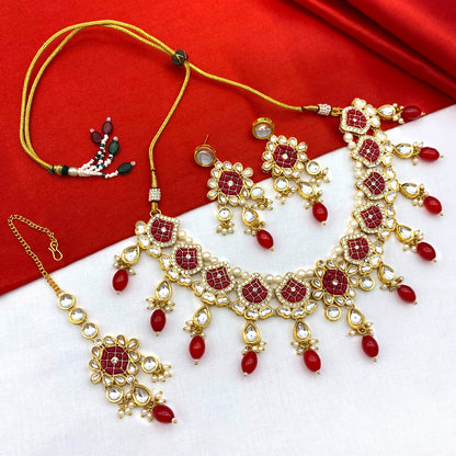 Sujwel Gold-Plated Kundan Necklace Set with Earrings, and Tikka for Girls and Women (08-0528)