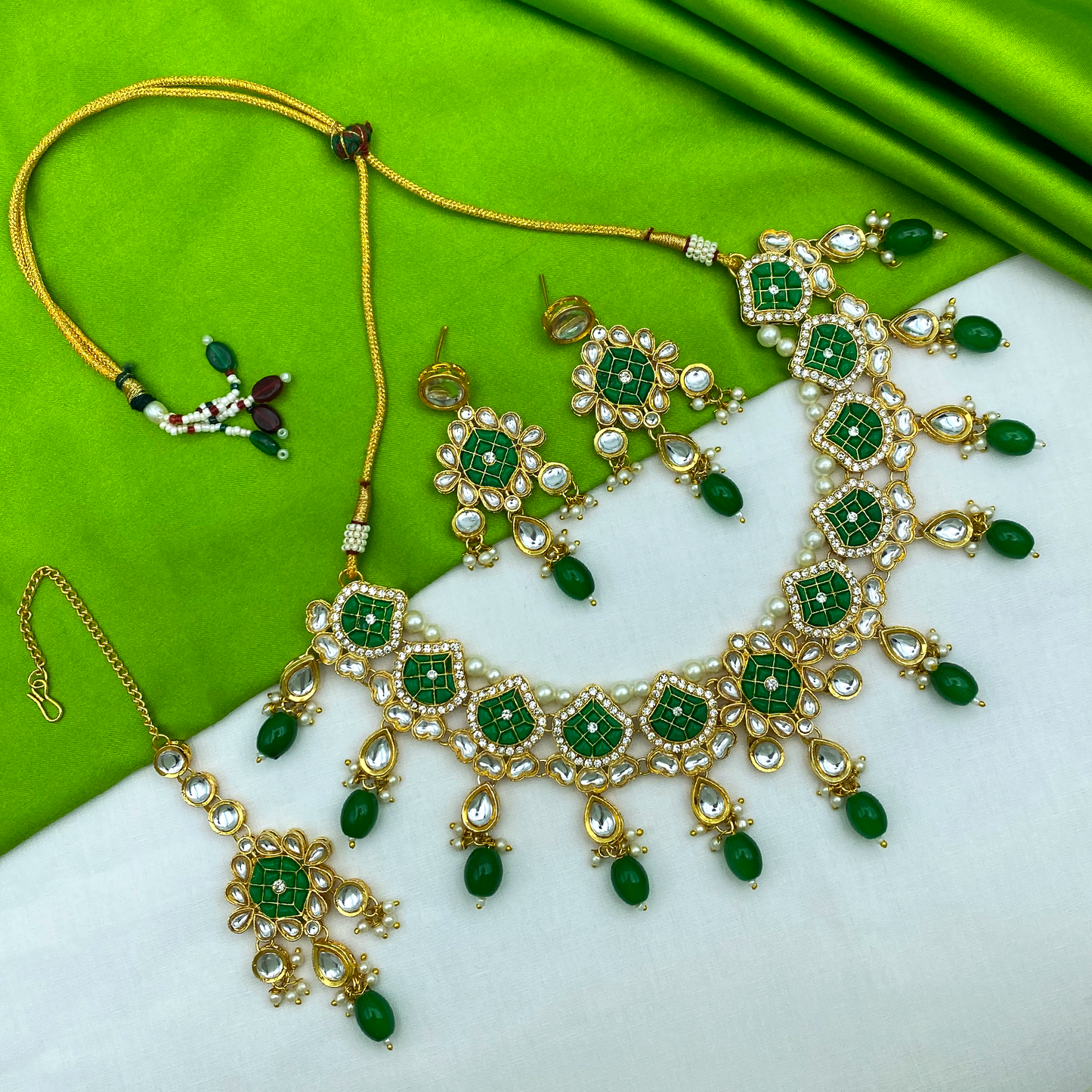 Sujwel Gold-Plated Kundan Necklace Set with Earrings, and Tikka for Girls and Women (08-0528)