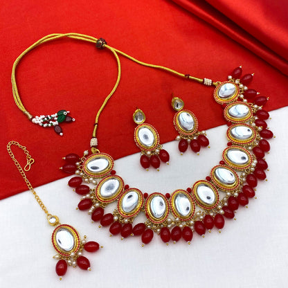 Sujwel Gold-Plated Kundan Necklace Set with Earrings, and Tikka for Girls and Women (08-0531)