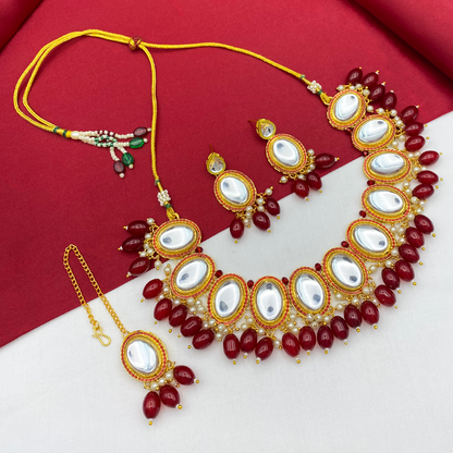 Sujwel Gold-Plated Kundan Necklace Set with Earrings, and Tikka for Girls and Women (08-0531)