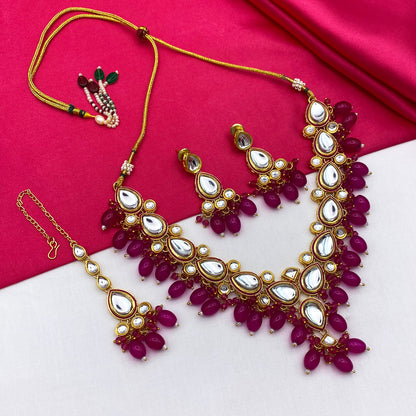 Sujwel Gold-Plated Kundan Necklace Set with Earrings, and Tikka for Girls and Women  (08-0532)