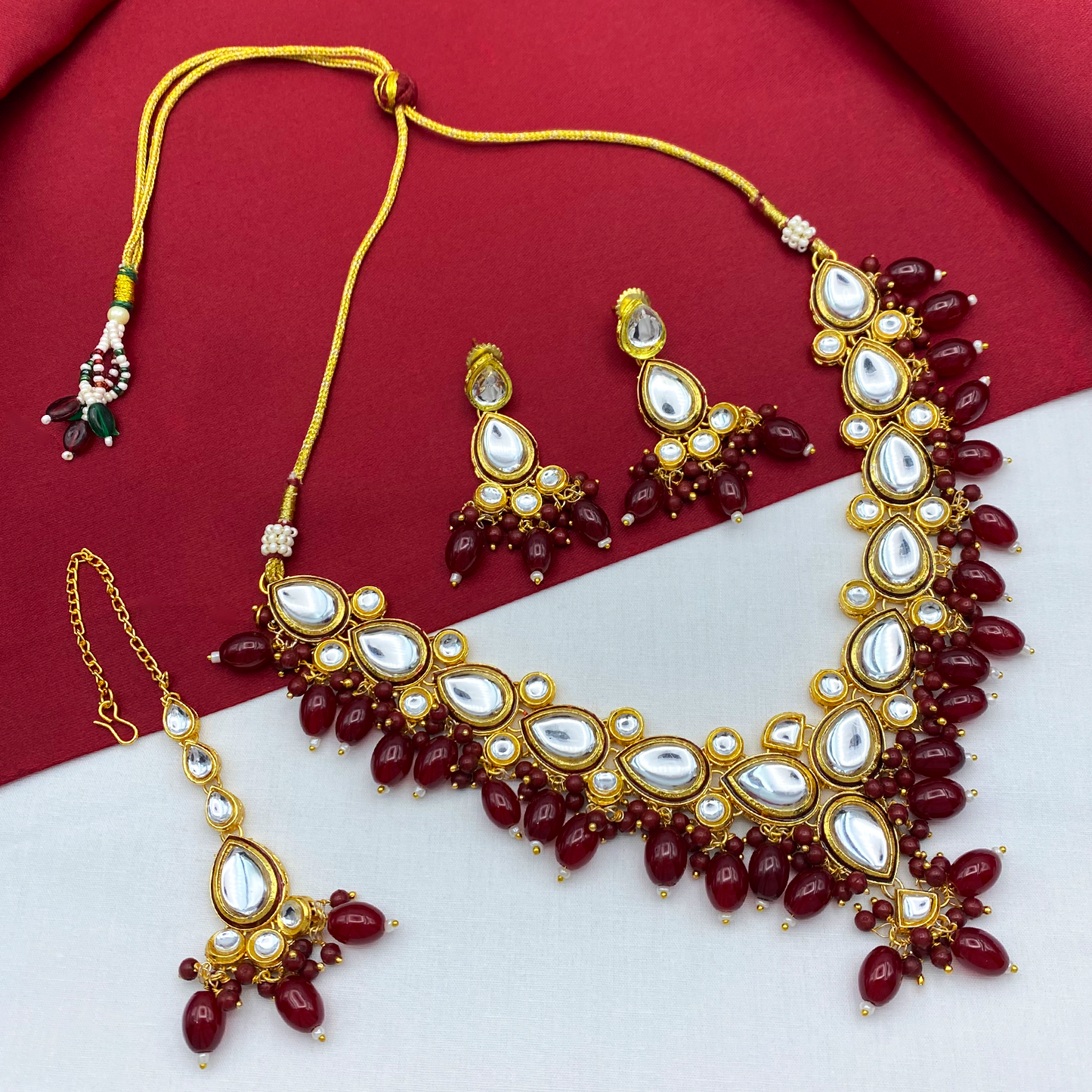 Sujwel Gold-Plated Kundan Necklace Set with Earrings, and Tikka for Girls and Women  (08-0532)