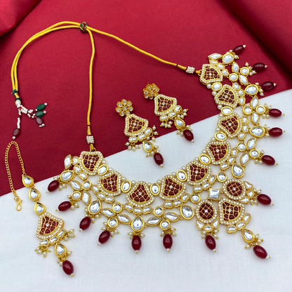 Sujwel Gold-Plated Kundan Necklace Set with Earrings, and Tikka for Girls and Women (08-0535)