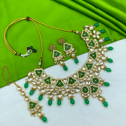 Sujwel Gold-Plated Kundan Necklace Set with Earrings, and Tikka for Girls and Women (08-0535)