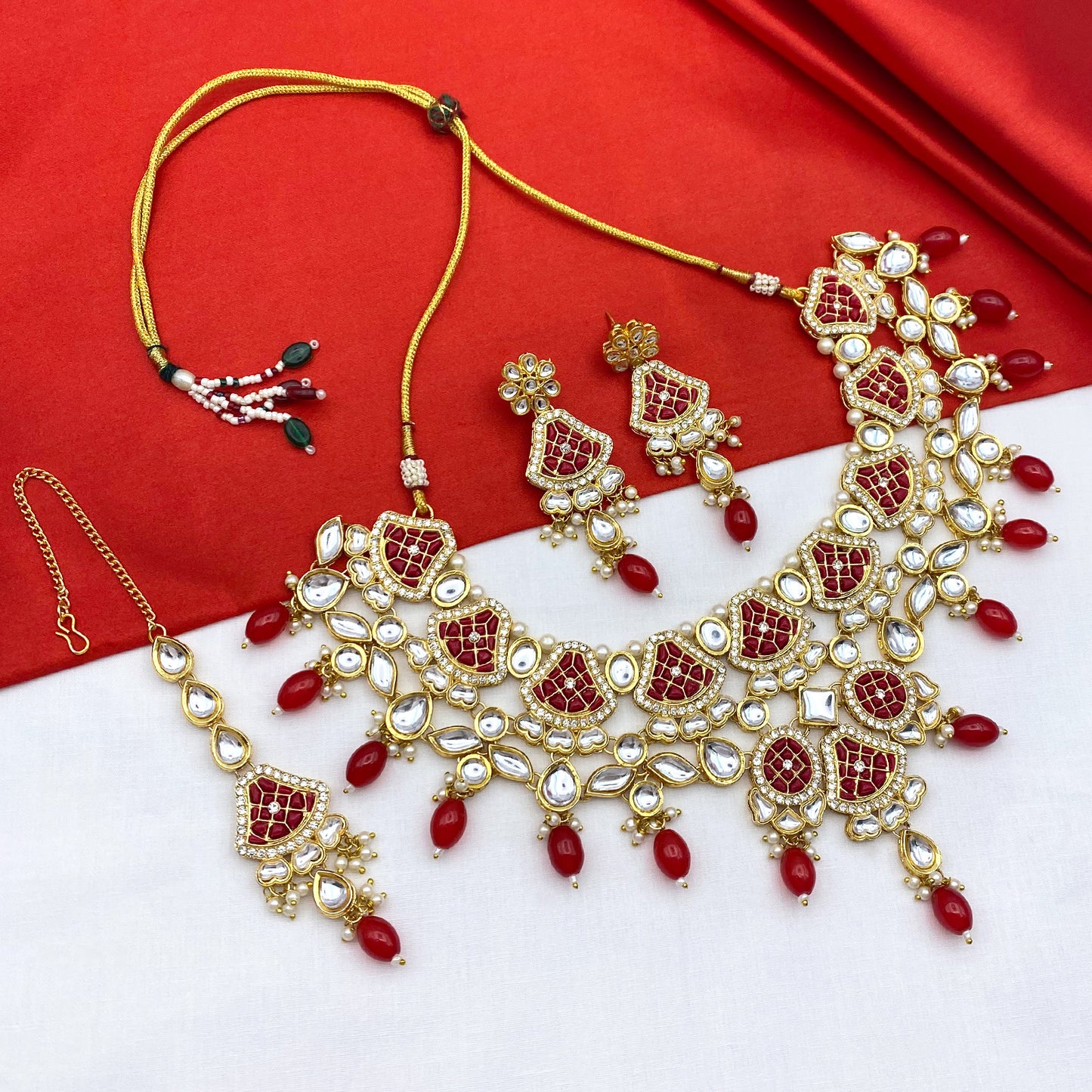 Sujwel Gold-Plated Kundan Necklace Set with Earrings, and Tikka for Girls and Women (08-0535)