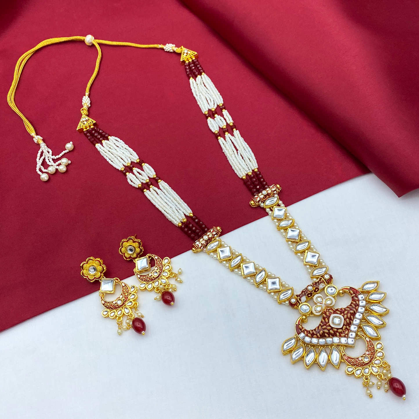 Sujwel Gold Kundan Meenakari Long  Necklace And Earrings (08-0536)