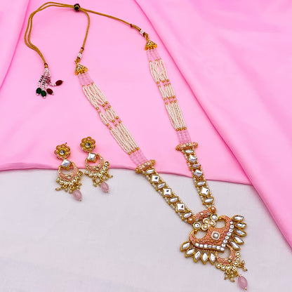 Sujwel Gold Kundan Meenakari Long  Necklace And Earrings (08-0536)