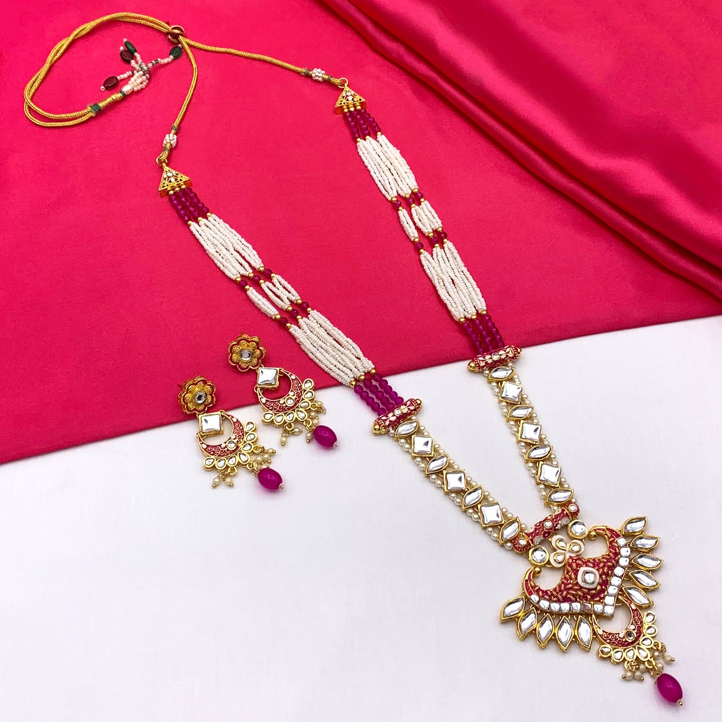 Sujwel Gold Kundan Meenakari Long  Necklace And Earrings (08-0536)