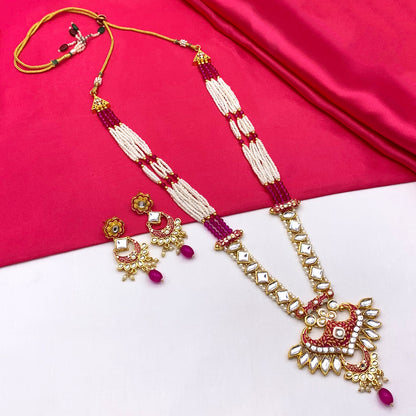 Sujwel Gold Kundan Meenakari Long  Necklace And Earrings (08-0536)