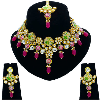 Sujwel Kundan and Painting with Floral Design Chokar Necklace Set (08-0292)