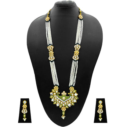 Sujwel Gold Kundan Meenakari Long  Necklace And Earrings(08-0506)