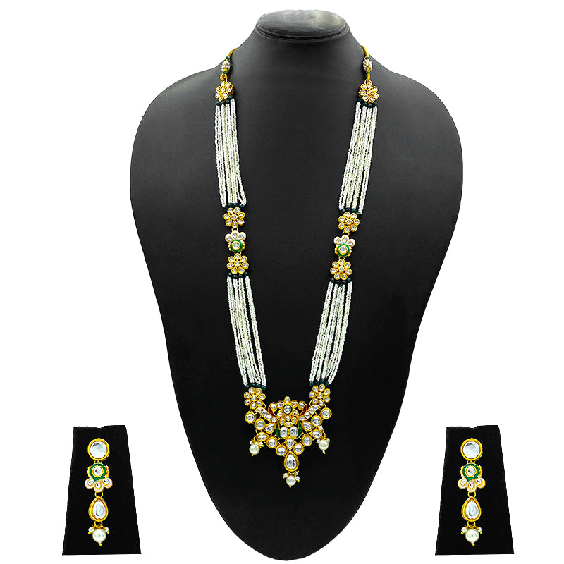 Sujwel Gold Kundan Meenakari Long Necklace And Earrings(08-0522)