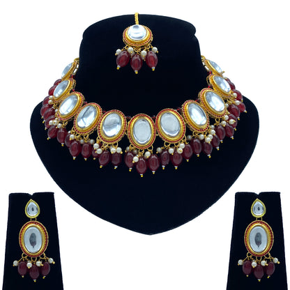 Sujwel Gold-Plated Kundan Necklace Set with Earrings, and Tikka for Girls and Women (08-0531)