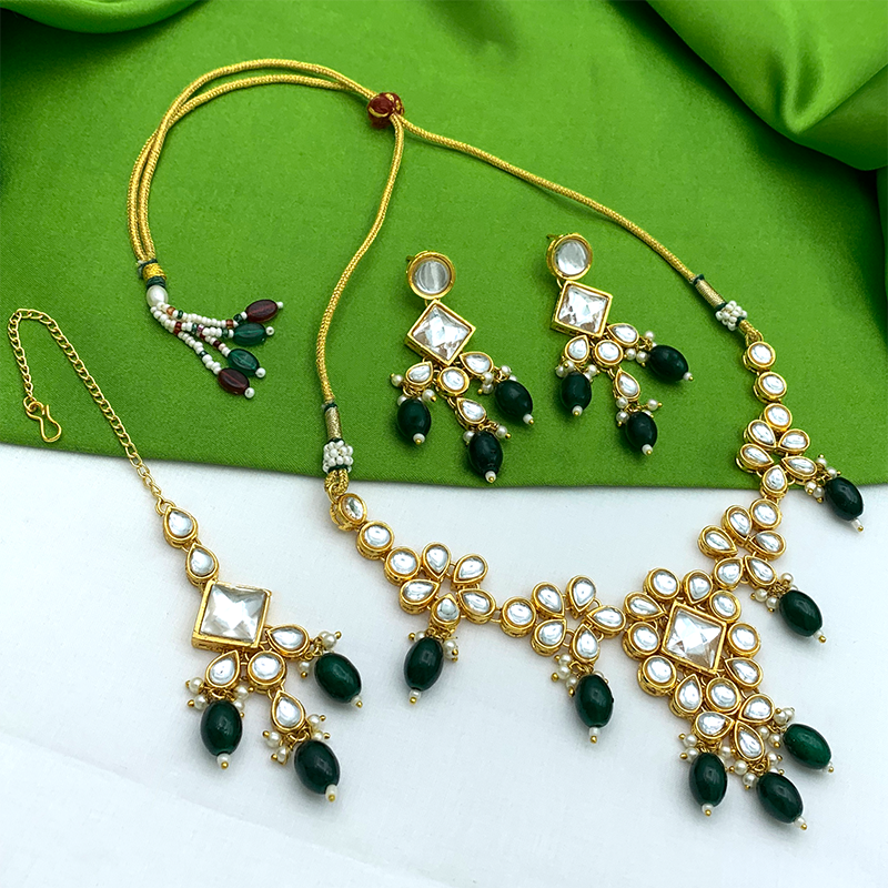 Sujwel Gold Kundan Necklace And Earrings With Maangtikka (08-0501)