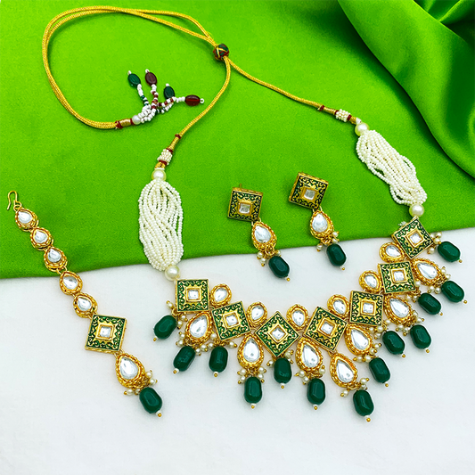 Sujwel Gold Plated Kundan Meenakari Design Choker Necklace Set (08-0122)