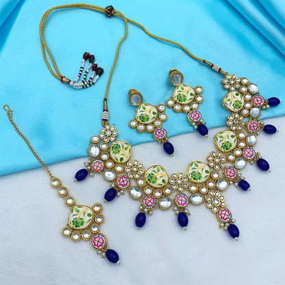 Sujwel Kundan and Painting with Floral Design Chokar Necklace Set (08-0292)