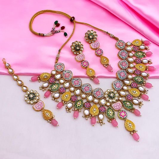 Sujwel Kundan and Meenakari with Floral Design Necklace Set (08-0115)