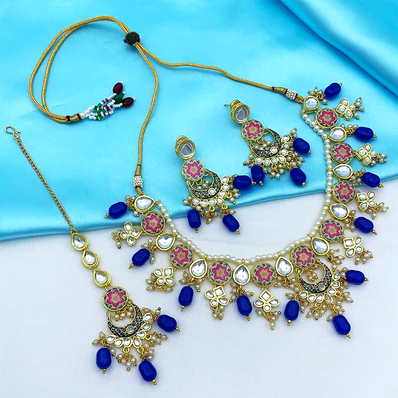 Sujwel Kundan and Meenakari with Floral Design Chokar Necklace Set (08-0285)