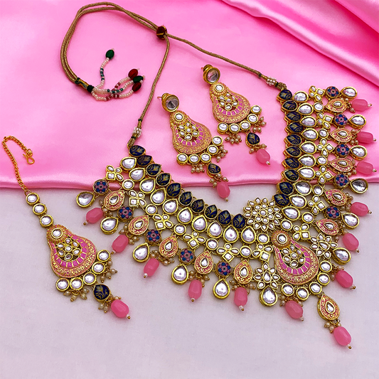 Sujwel Gold Plated Kundan Floral Design Choker Necklace Set (08-0458)
