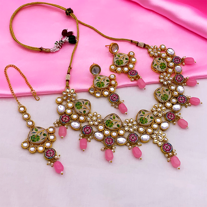 Sujwel Kundan and Painting with Floral Design Chokar Necklace Set (08-0292)