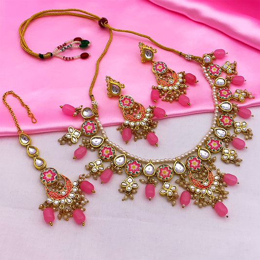 Sujwel Kundan and Meenakari with Floral Design Chokar Necklace Set (08-0285)