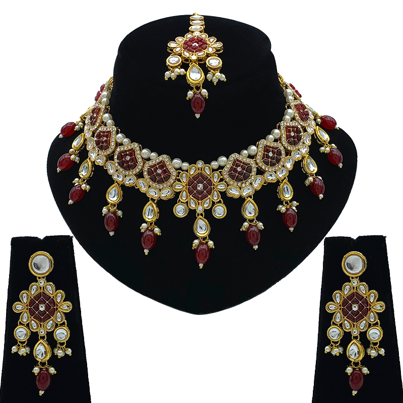 Sujwel Gold-Plated Kundan Necklace Set with Earrings, and Tikka for Girls and Women (08-0528)