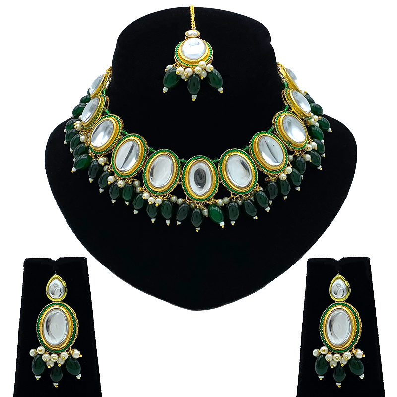 Sujwel Gold-Plated Kundan Necklace Set with Earrings, and Tikka for Girls and Women (08-0531)