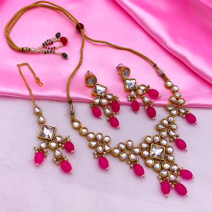 Sujwel Gold Kundan Necklace And Earrings With Maangtikka (08-0501)