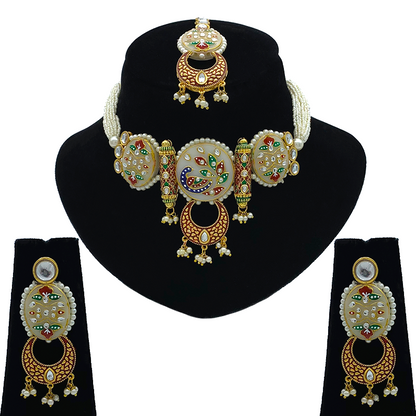 Sujwel Gold Plated Kundan Meenakari Choker Necklace Set for woman (08-0525)