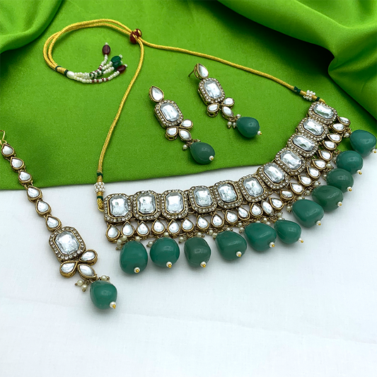 Sujwel Kundan Necklace Set with Earrings, and Tikka for Girls and Women (08-0518)