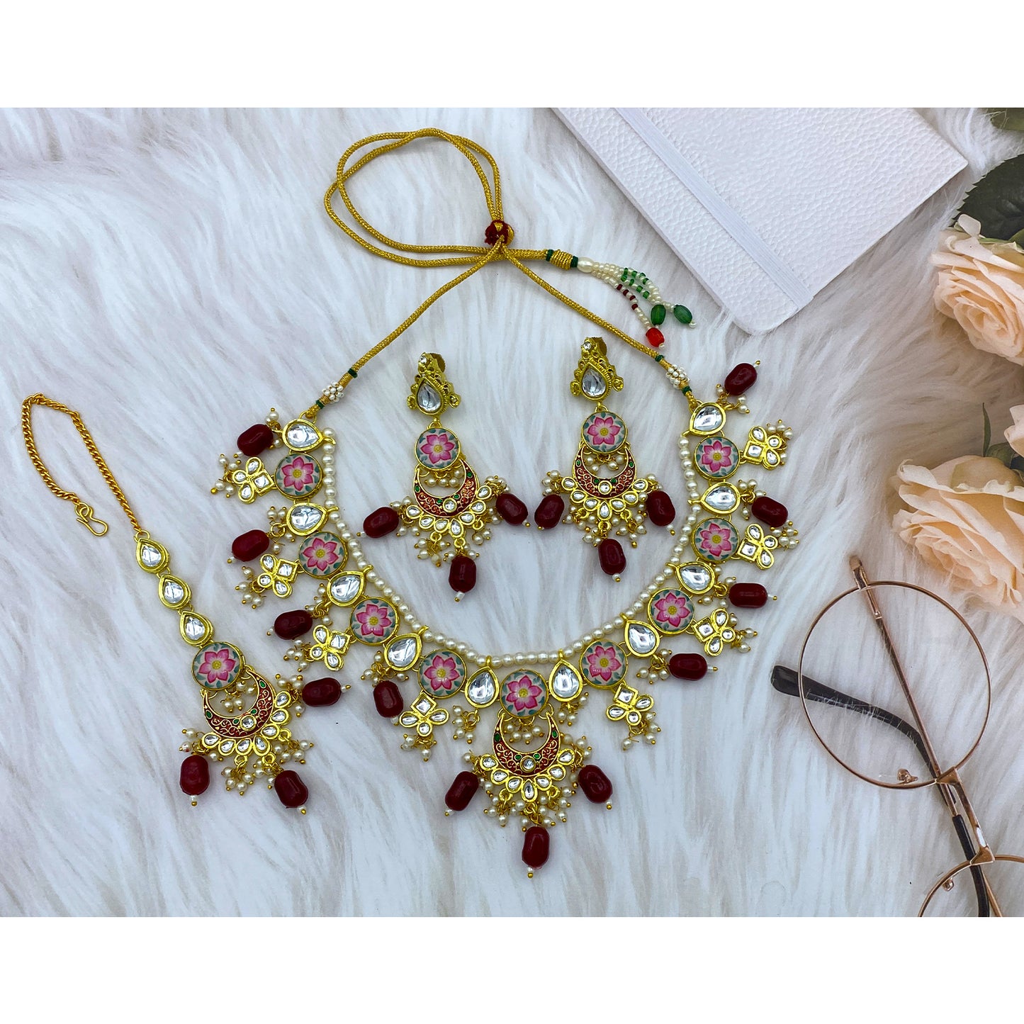 Sujwel Kundan and Meenakari with Floral Design Chokar Necklace Set (08-0285)