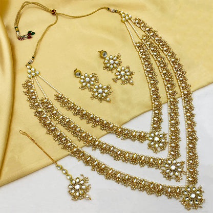 Sujwel Gold Plated Kundan 3 Layered Long Jewellery Set for Women (08-0108)