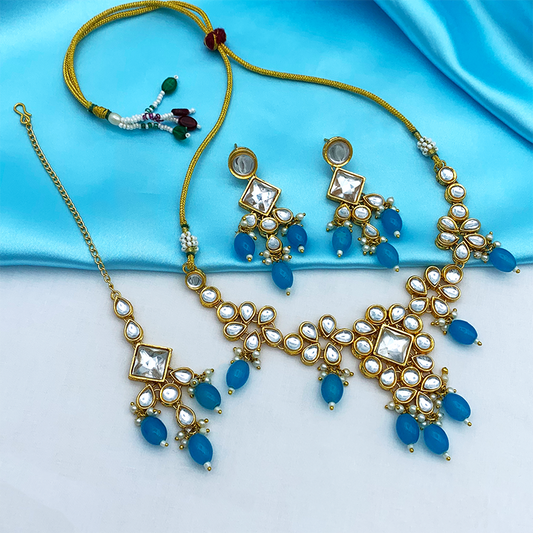 Sujwel Gold Kundan Necklace And Earrings With Maangtikka (08-0501)