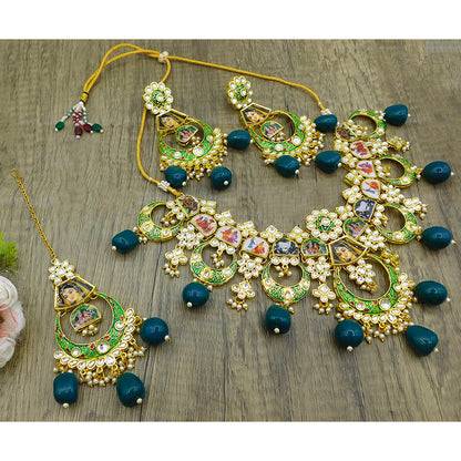 Personalized Sujwel Gold Plated Kundan Meenakari Necklace Set With Maangtikka For Women (SUJP01)(SUJ15-109)