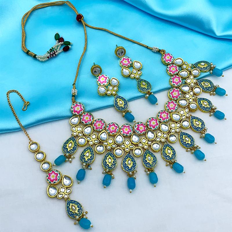 Sujwel Gold Plated Kundan Floral Design Choker Necklace Set (08-0459)