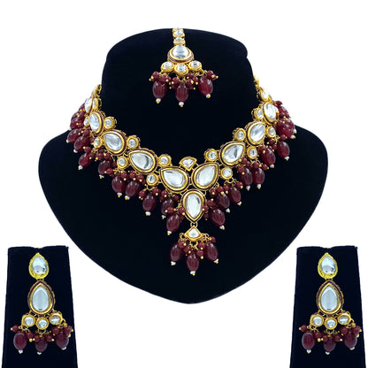 Sujwel Gold-Plated Kundan Necklace Set with Earrings, and Tikka for Girls and Women  (08-0532)