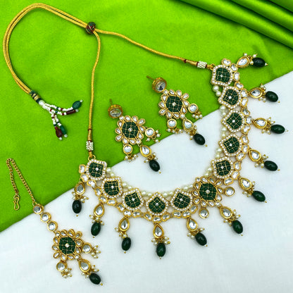 Sujwel Gold-Plated Kundan Necklace Set with Earrings, and Tikka for Girls and Women (08-0528)