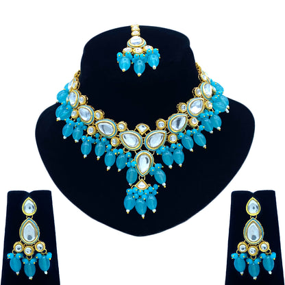 Sujwel Gold-Plated Kundan Necklace Set with Earrings, and Tikka for Girls and Women  (08-0532)