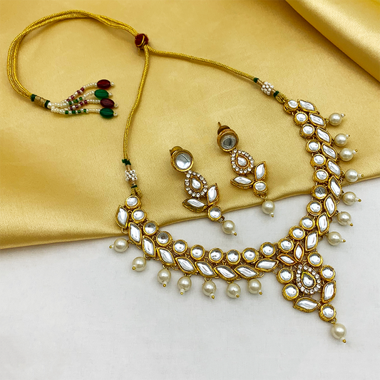 Sujwel Gold Toned Pearl Beads Kundan Choker Necklace Set (08-0457)