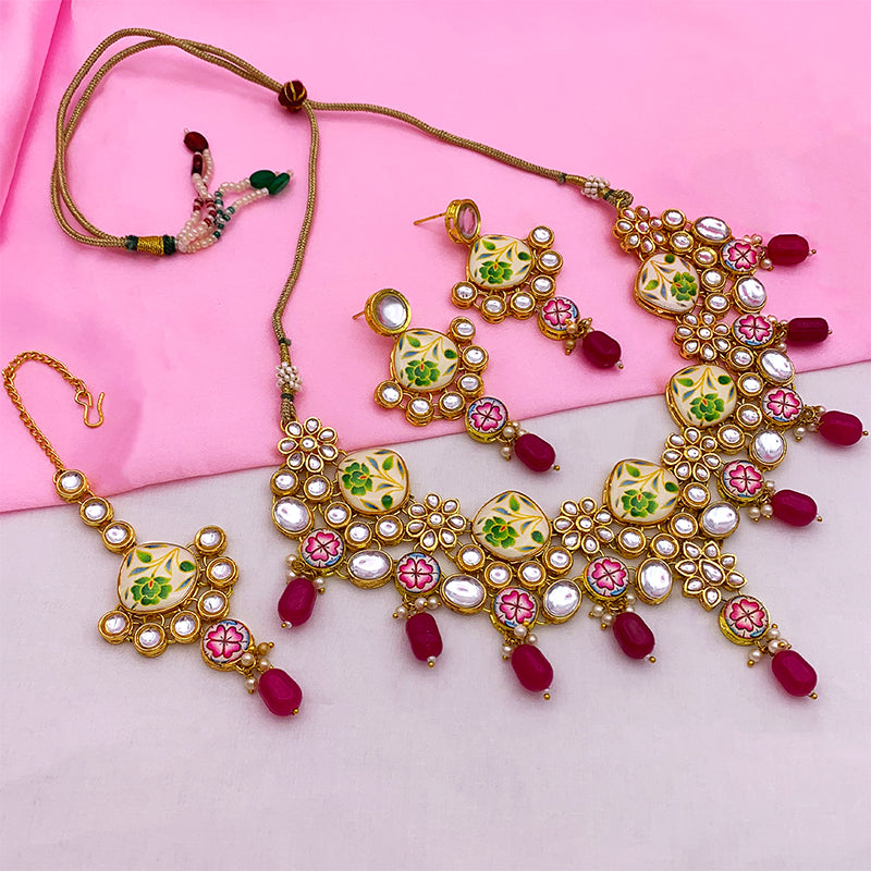 Sujwel Kundan and Painting with Floral Design Chokar Necklace Set (08-0292)